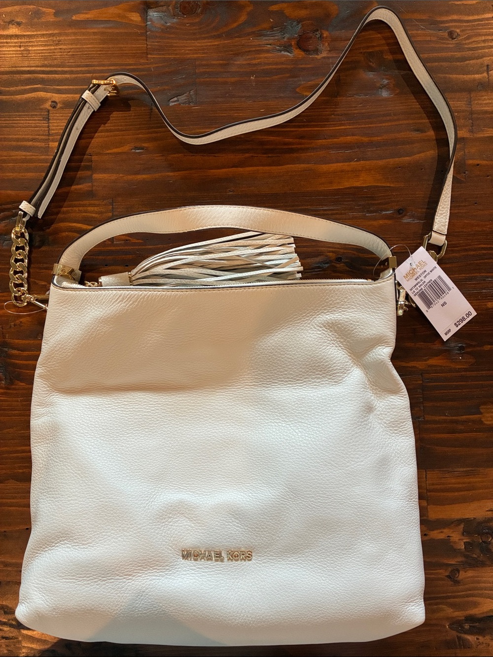 Michael Kors Cream Pebbled Leather Shoulder Bag with Tassel Accent